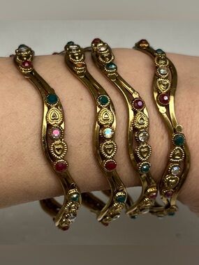 Set of 4 Gold-Plated Zig-Zag Bangles| Multi-Color Kundan Style Bracelets